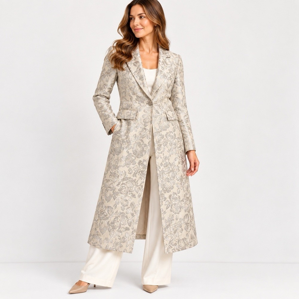 Anne Klein Metallic Floral Brocade Long Coat Gold Cream Size 10 Evening Opera